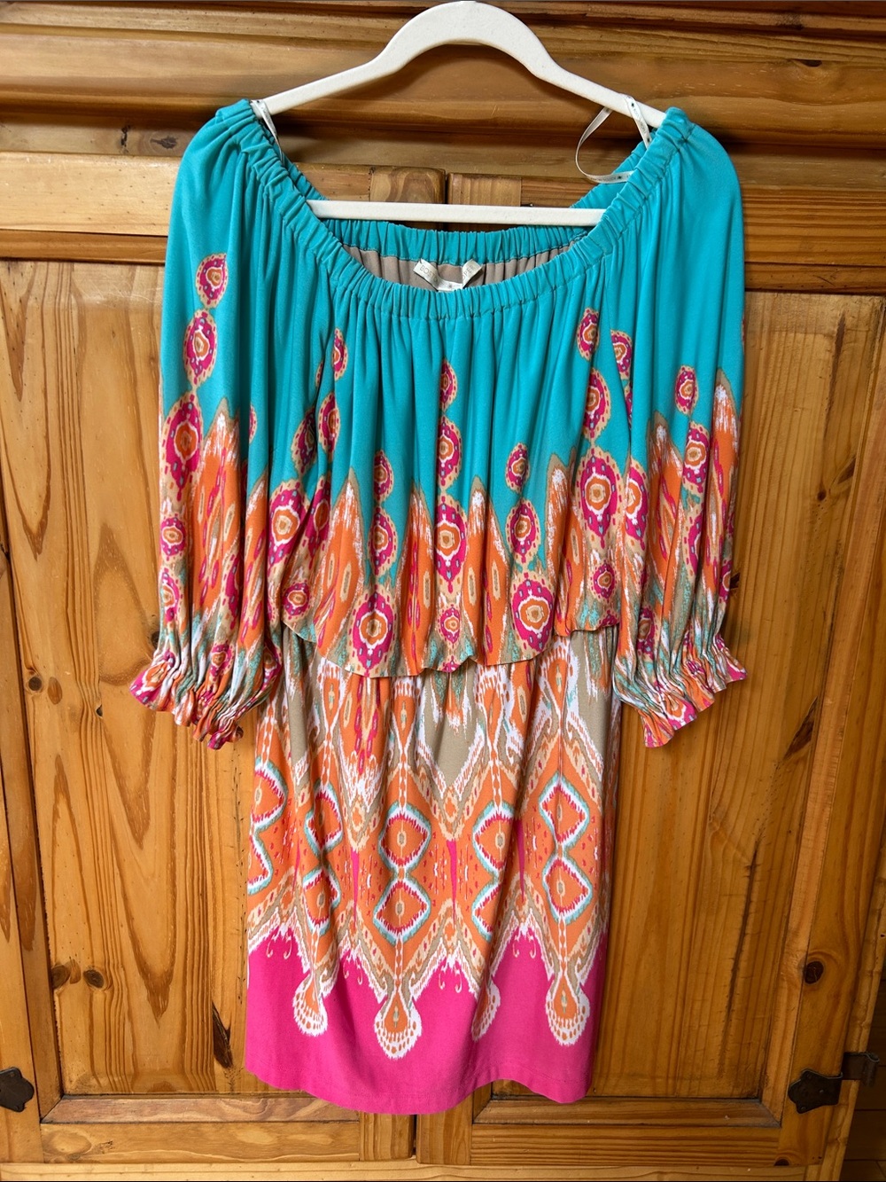 Boston Proper Blouson Dress Turquoise/Coral Off-Shoulder Printed Boho